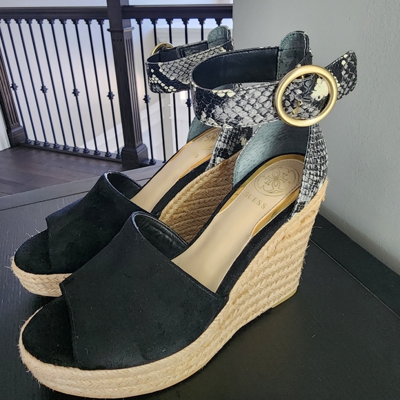 Guess Black and Snakeskin Wedge Sandals - Picture 4 of 6